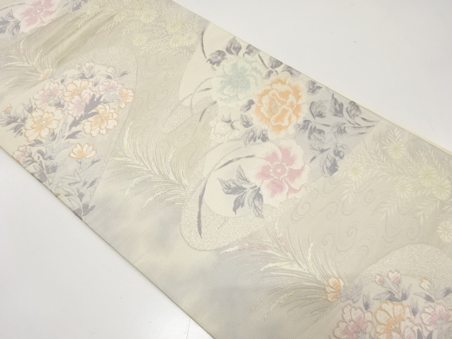 JAPANESE KIMONO / ANTIQUE FUKURO OBI / SILK / WOVEN STREAM & FLORAL PLANTS